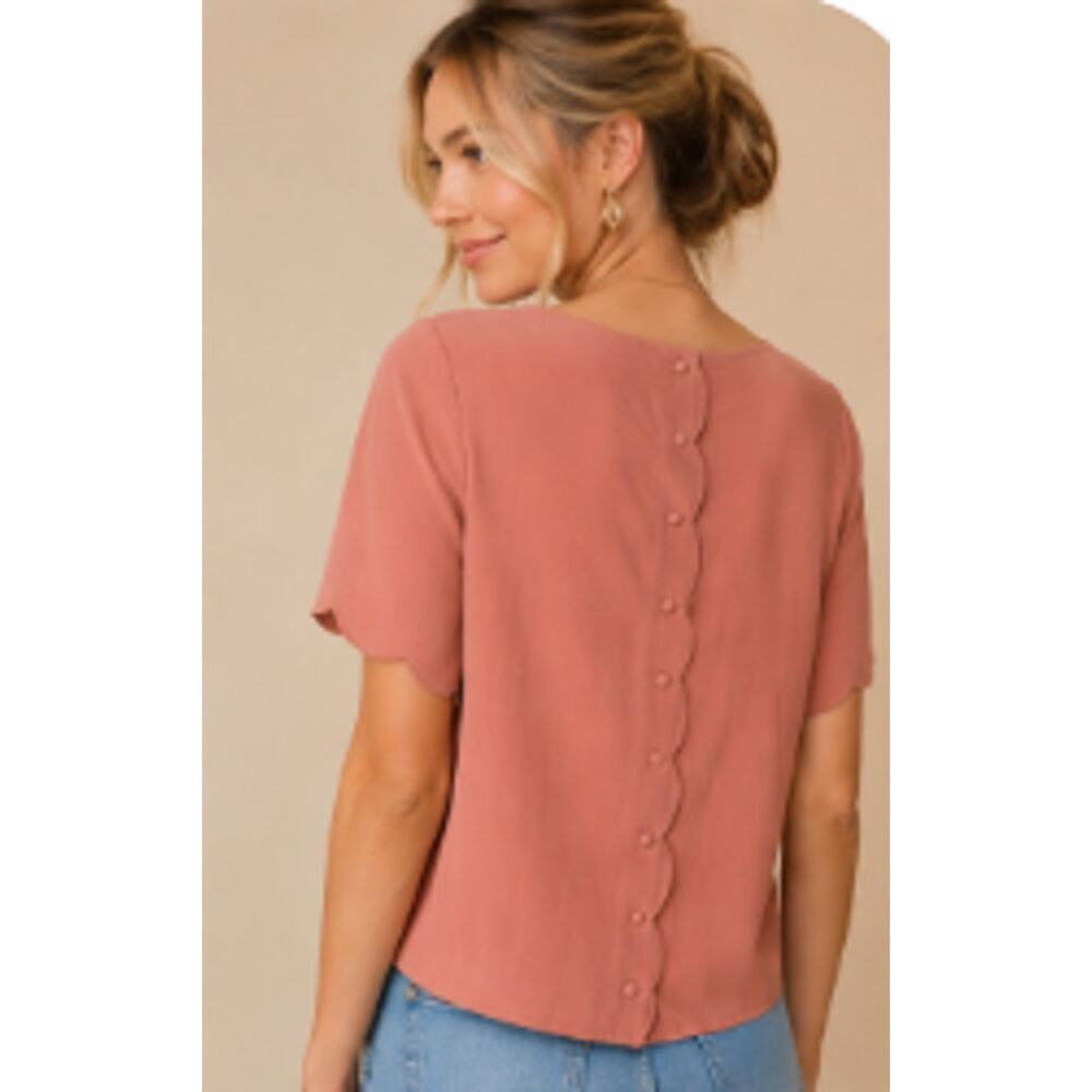 Anthropologie Francesca’s Dusty Rose Scallop Back Blouse-Med -Boho Cottagecore